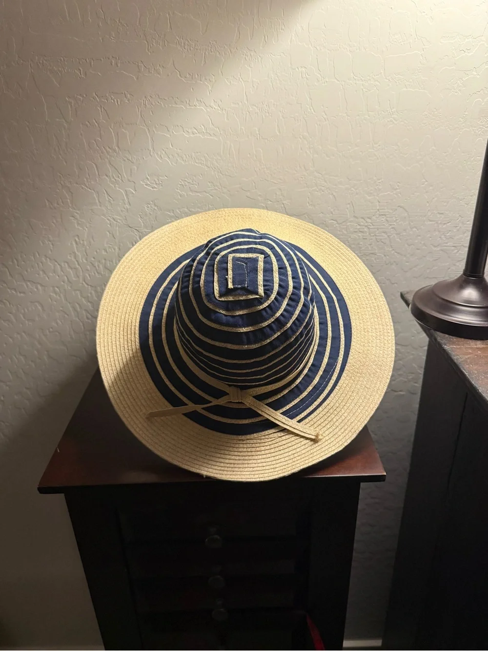 Striped Wide-Brim Straw Sun Hat - Blue & Natural